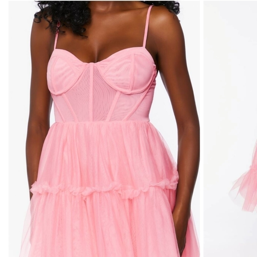 Pink Tulle Ruffled Bustier Midi Dress - Picture 3 of 12